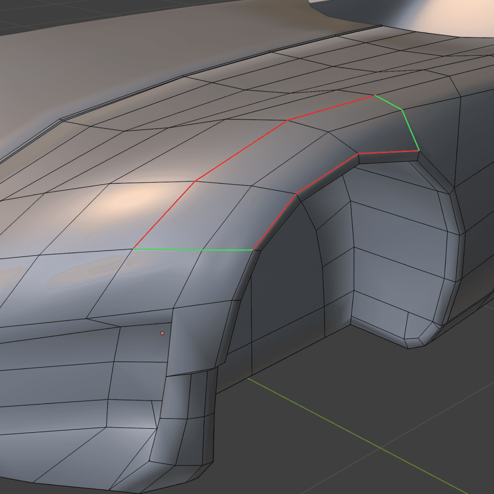 The same cage with a loop of edges marked, enclosing one panel of the fender.