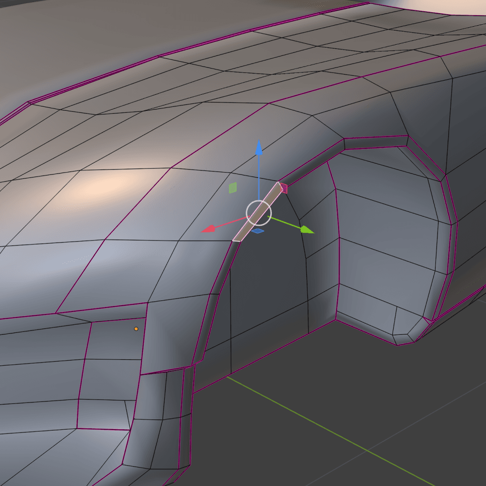 A subdivision cage in Blender, its creased edges drawn in the crease overlay color.